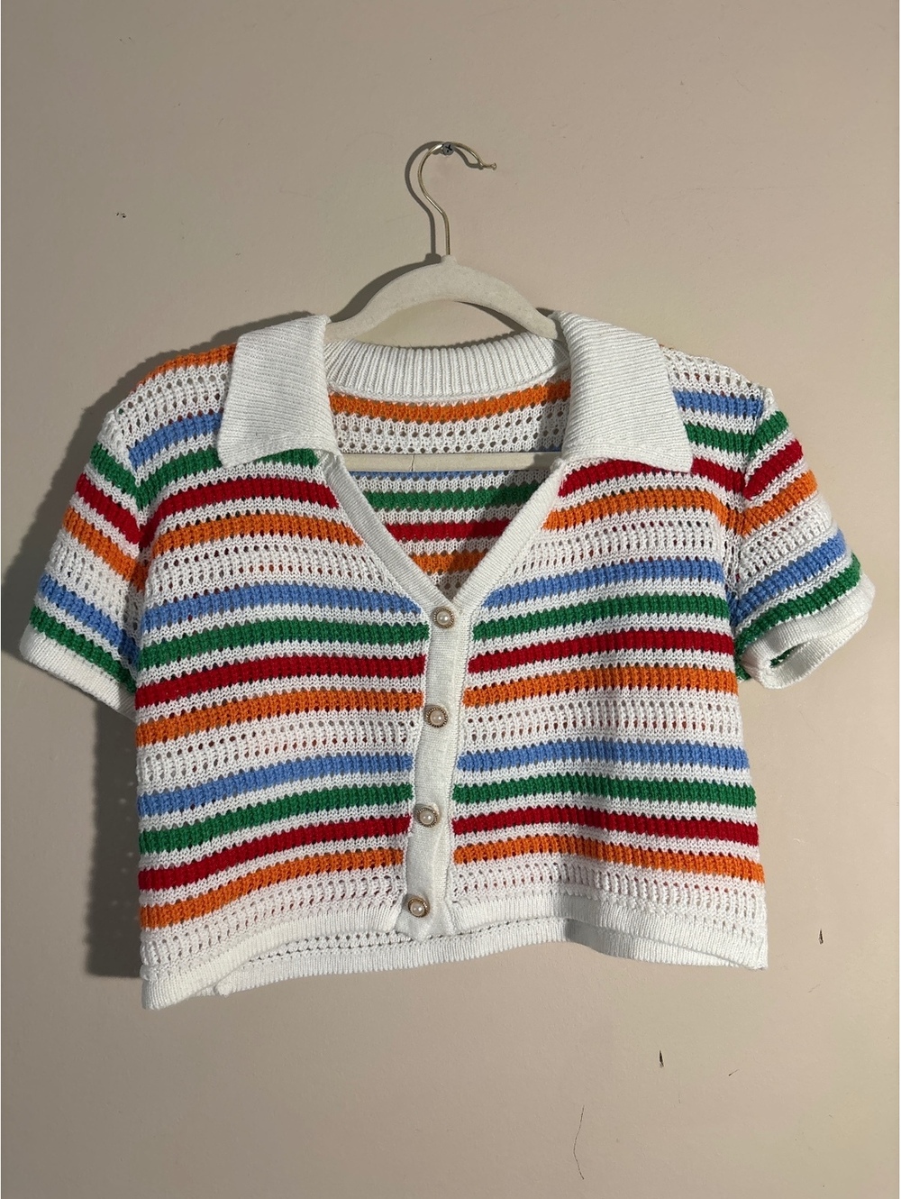 Vintage Crocheted Striped Button-Up Short Sleeve Top - Picture 1 of 6